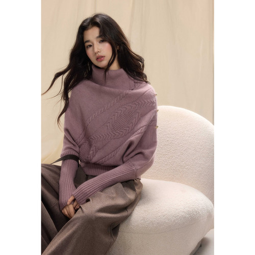 贰羊设计【意迟】不规则高领蝙蝠袖设计感毛衣女冬高智感斗篷上衣