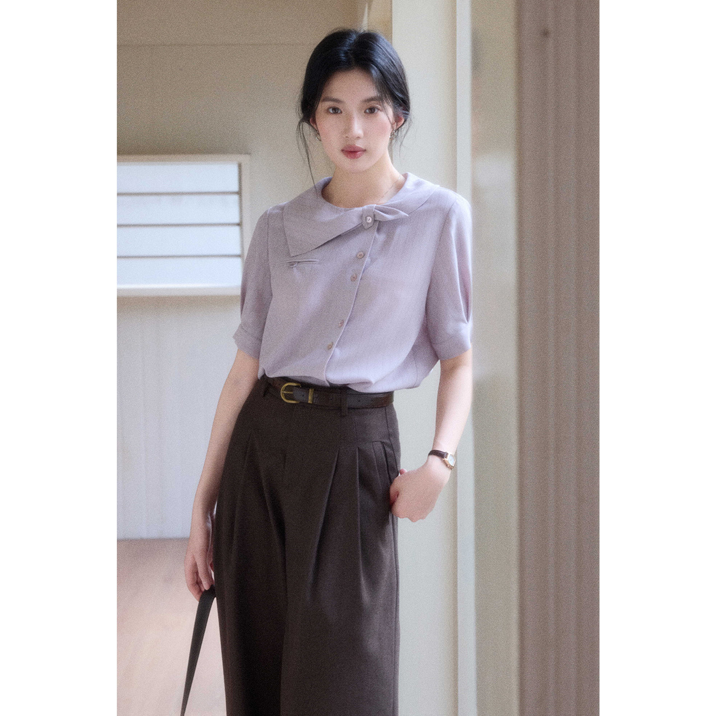 贰羊设计【南枝】通勤设计感不对称翻领紫色衬衫女短袖气质感上衣