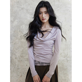 显瘦长袖 贰羊设计 修身 假两件荡领蕾丝拼接针织衫 紫色上衣 予沁
