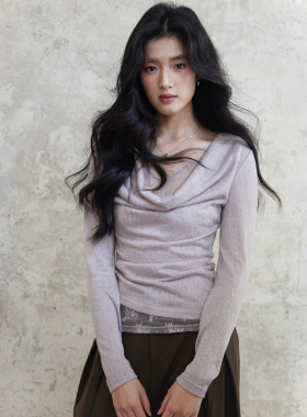 贰羊设计【予沁】假两件荡领蕾丝拼接针织衫修身显瘦长袖紫色上衣