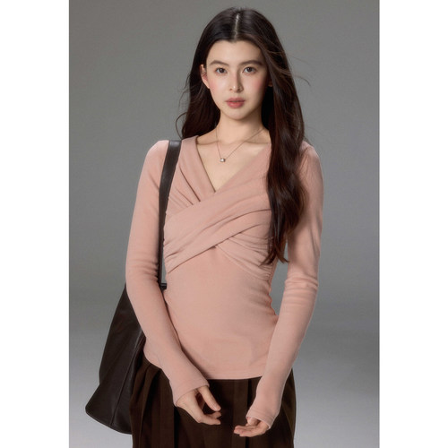 贰羊设计【韵初】德绒保暖交叉V领针织衫女修身上衣长袖内搭打底