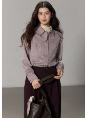 贰羊设计【棕榷】复古时髦知识分子紫色绒面衬衫女冬叠穿通勤上衣