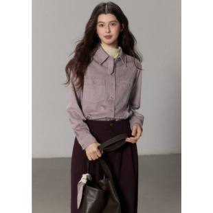 女冬叠穿通勤上衣 复古时髦知识分子紫色绒面衬衫 贰羊设计 棕榷