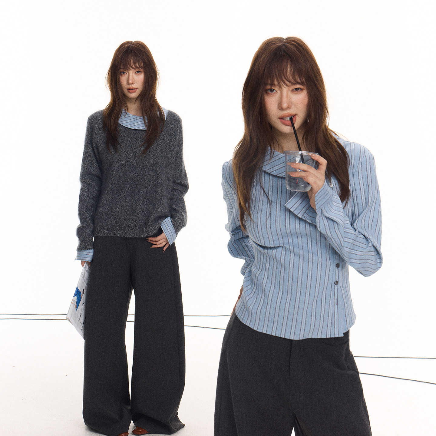 贰羊设计【嘉伊】高智感斜排扣不对称衬衫女收腰弹力长袖衬衣秋季