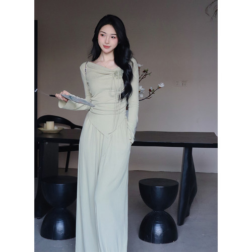 新中式蝴蝶绿色阔腿裤套装