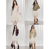 贰羊设计 夕晴 浪漫轻盈不规则蕾丝花边吊带连衣裙女雪纺半身裙