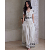 女高腰半身裙套装 贰羊设计 文艺重工刺绣条纹花边衬衫 法式 梨花