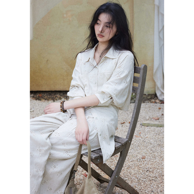 亚麻原色镂空花边长袖收腰衬衫