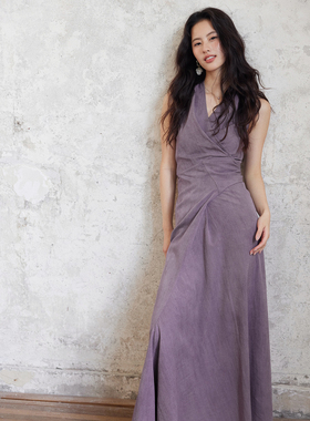 贰羊设计【青宛】新中式紫色挂脖连衣裙女高级感一片式v领背心裙