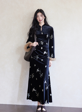 贰羊设计【慕汐】复古重工刺绣黑色旗袍裙新中式国风丝绒连衣裙子