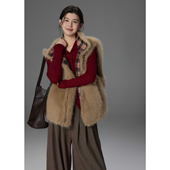 双面穿毛毛无袖 贰羊设计 暖裘 保暖马甲气质外套女立领格纹内里