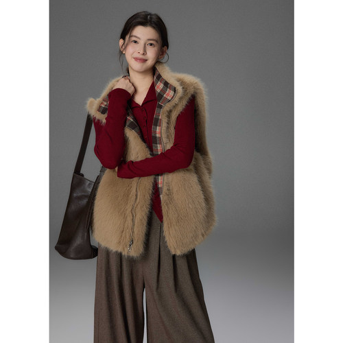 贰羊设计【暖裘】双面穿毛毛无袖保暖马甲气质外套女立领格纹内里