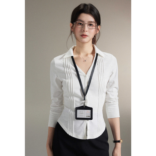 贰羊设计【洛颜】白色polo领正肩七分袖衬衫女秋收腰通勤气质上衣