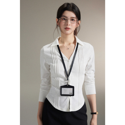 贰羊设计【洛颜】白色polo领正肩七分袖衬衫女秋收腰通勤气质上衣