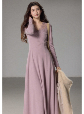 贰羊设计【瑶蔓】法式蕾丝V领针织连衣裙女大衣打底裙a摆修身长裙