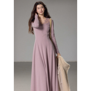 蕾丝V领针织连衣裙女大衣打底裙a摆修身 法式 长裙 瑶蔓 贰羊设计