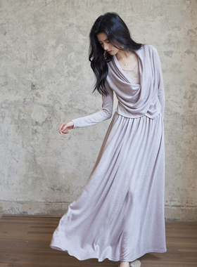 贰羊设计【栀莜】交叉荡领蕾丝针织假两件连衣裙女气质设计感长裙