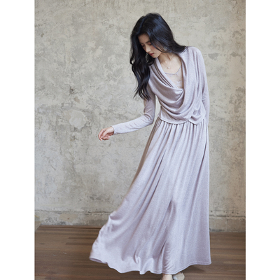 交叉荡领蕾丝针织假两件连衣裙