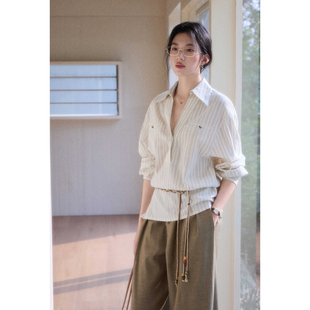 女宽松慵懒棉感气质上衣 两穿通勤质感条纹衬衫 贰羊设计 百川