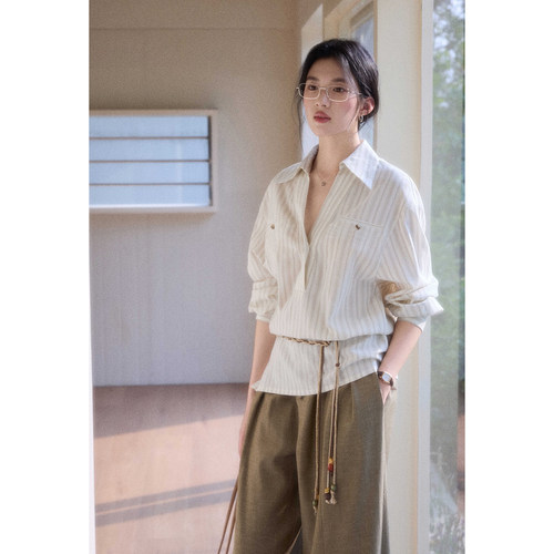 贰羊设计【百川】两穿通勤质感条纹衬衫女宽松慵懒棉感气质上衣