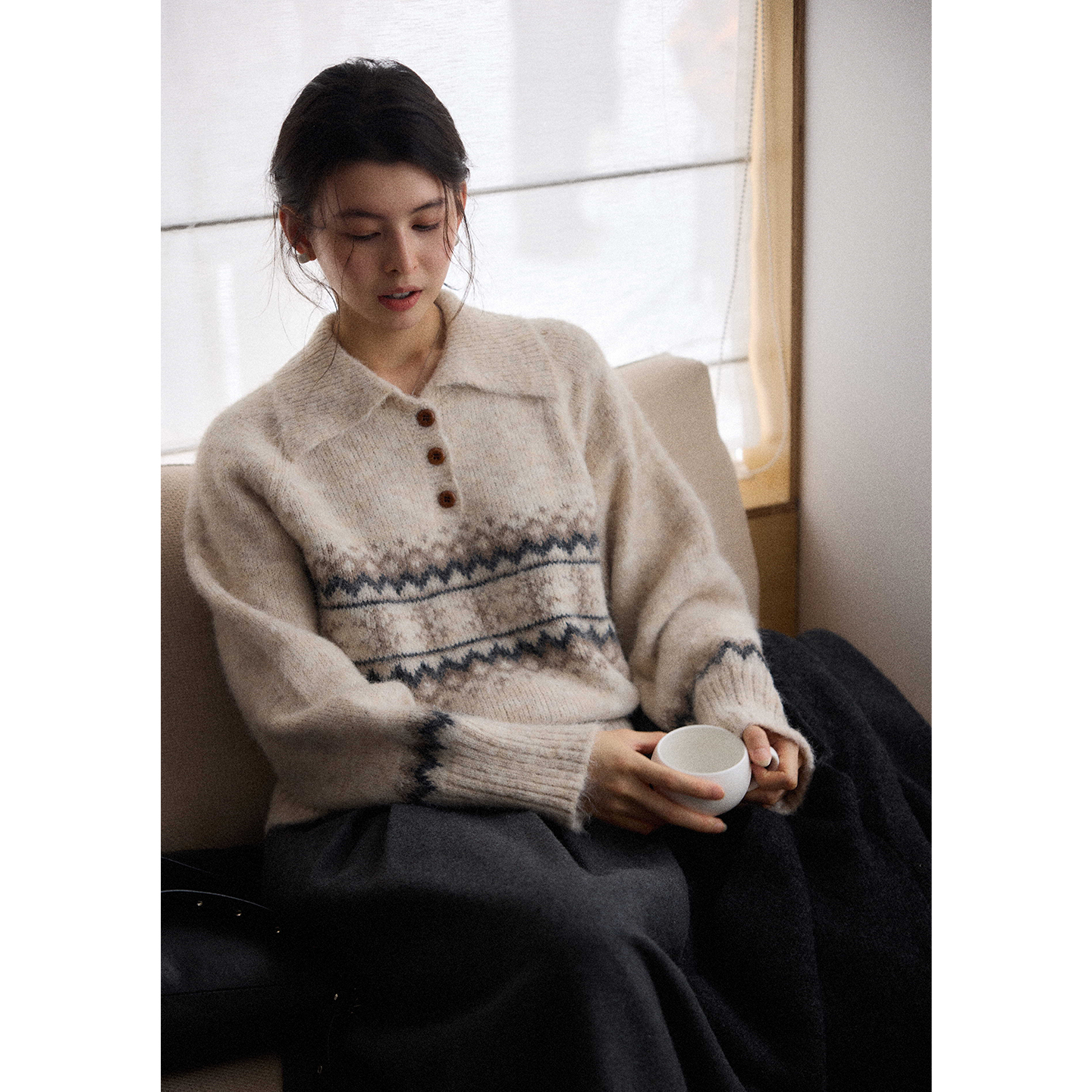 贰羊设计【晚笙】费尔岛polo翻领软糯毛衣女宽松慵懒通勤冬针织衫