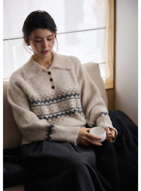 贰羊设计【晚笙】费尔岛polo翻领软糯毛衣女宽松慵懒通勤冬针织衫