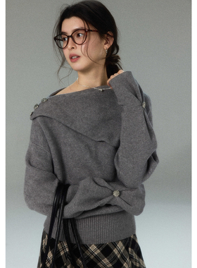 贰羊设计【栖雾山茶】斜领不规则设计感毛衣女秋套头针织宽松上衣