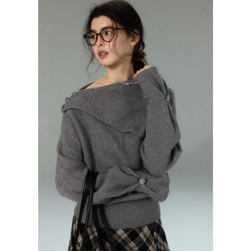 贰羊设计【栖雾山茶】斜领不规则设计感毛衣女秋套头针织宽松上衣