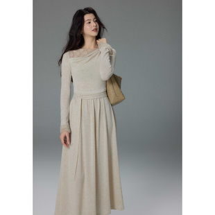 斜荡领蕾丝假两件连衣裙女收腰气质针织长裙 法式 贰羊设计 柔蔓