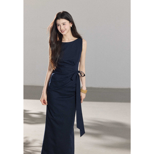 贰羊设计 高级感气质收腰系带连衣裙女棉麻通勤百搭背心裙 沐青