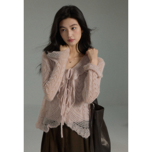 椿涧 女百搭温柔毛衣小衫 法式 套装 复古荷叶边镂空开衫 贰羊设计