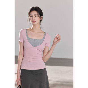 立减 贰羊设计 07新品 高弹莱赛尔坑条软糯假两件上衣 桃砚