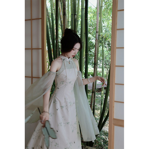 新中式挂脖修身收腰旗袍女夏