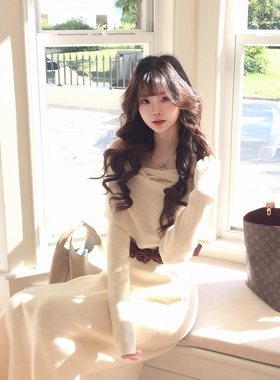 贰羊设计【南枝】高级感一字肩长裙女设计感针织连衣裙温柔气质感