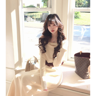 贰羊设计【南枝】高级感一字肩长裙女设计感针织连衣裙温柔气质感