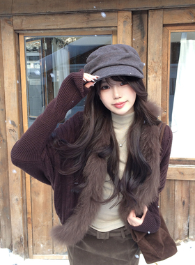 贰羊设计【回枫】可拆毛领复古咖色开衫毛衣外套女麂皮绒半裙套装