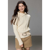 慵懒高级设计感翻领绞花白色毛衣女冬收腰针织衫 贰羊设计 归意