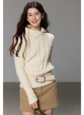 贰羊设计【归意】慵懒高级设计感翻领绞花白色毛衣女冬收腰针织衫