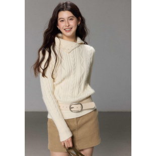 贰羊设计【归意】慵懒高级设计感翻领绞花白色毛衣女冬收腰针织衫