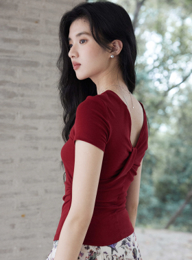贰羊设计【绛结】两面可穿｜莱赛尔v领扭结上衣女红色针织短袖t恤