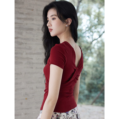 贰羊设计【绛结】两面可穿｜莱赛尔v领扭结上衣女红色针织短袖t恤
