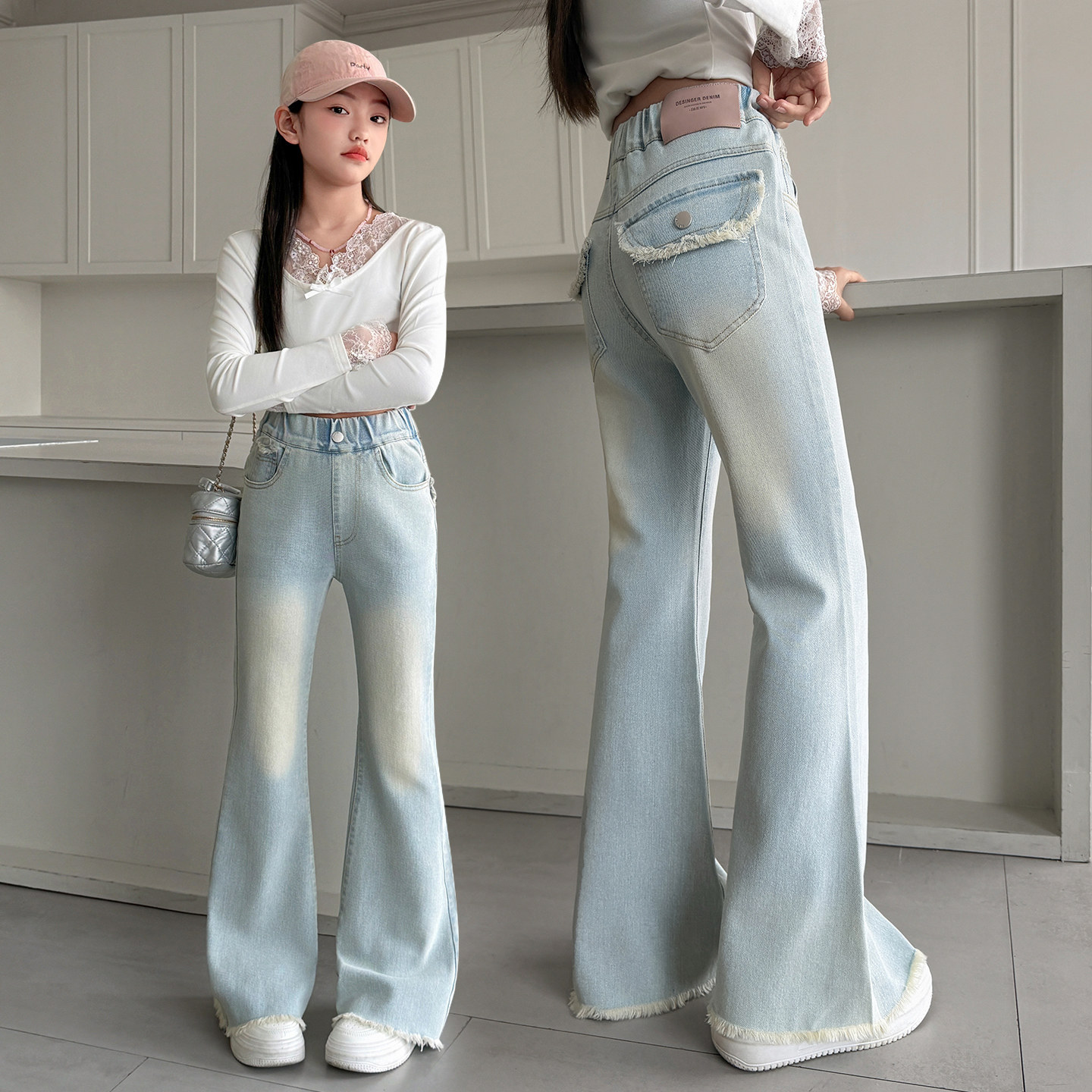 女童春装弹力牛仔喇叭裤外穿中大童修身显瘦微喇裤初中生毛边裤子