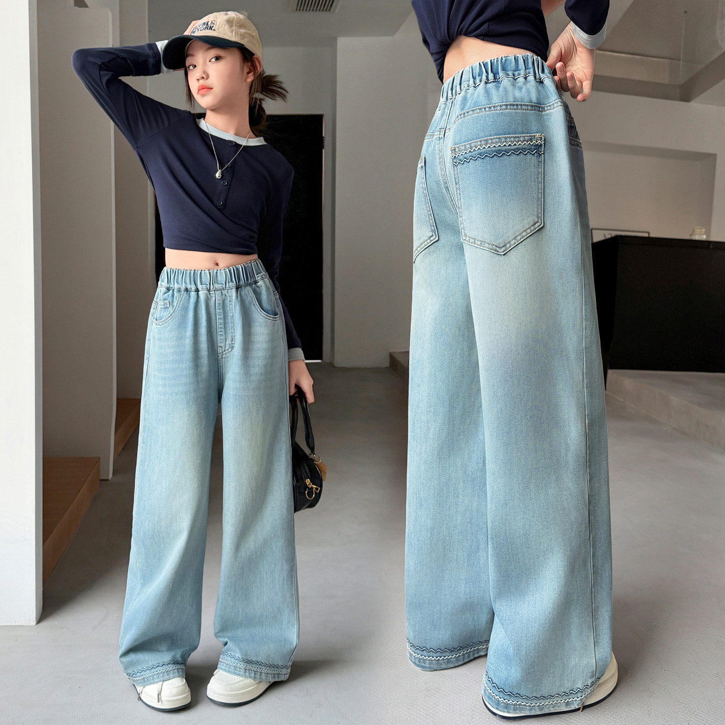 女童春装牛仔裤2026新款洋气中大童松紧腰阔腿裤初中学生百搭长裤