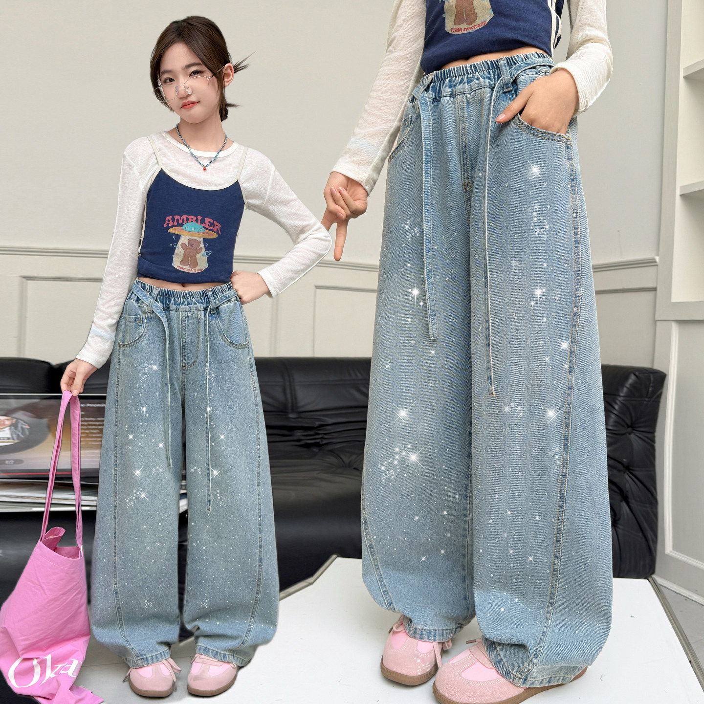 中大女童春装满天星牛仔弯刀裤2026新款中学生宽松阔腿裤显瘦长裤,童装/婴儿装/亲子装,儿童牛仔裤,淘宝优惠券,粉丝福利购,淘宝优惠卷