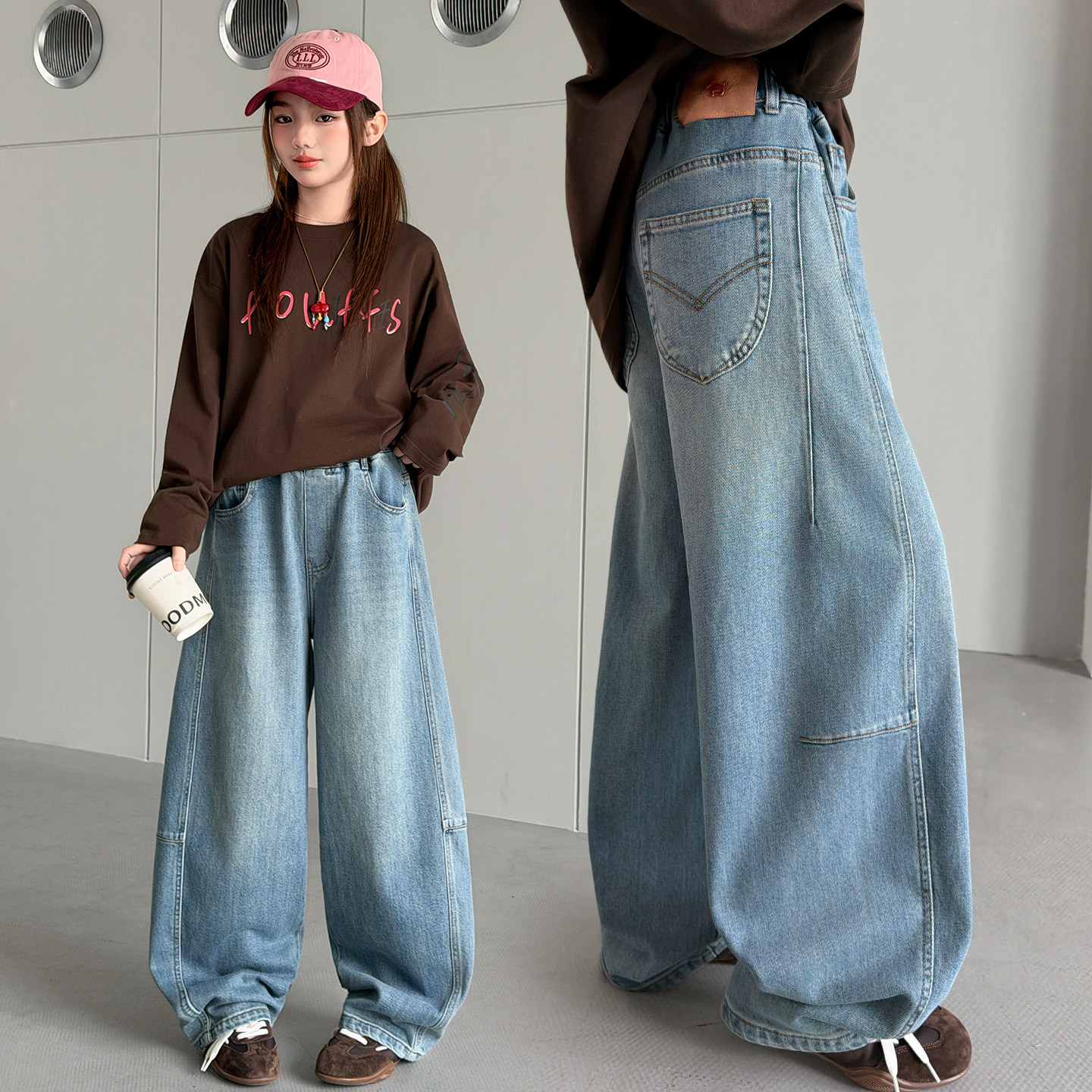 女童高腰弯刀牛仔裤宽松阔腿裤浅蓝色中大童春秋长裤洋气时髦春装
