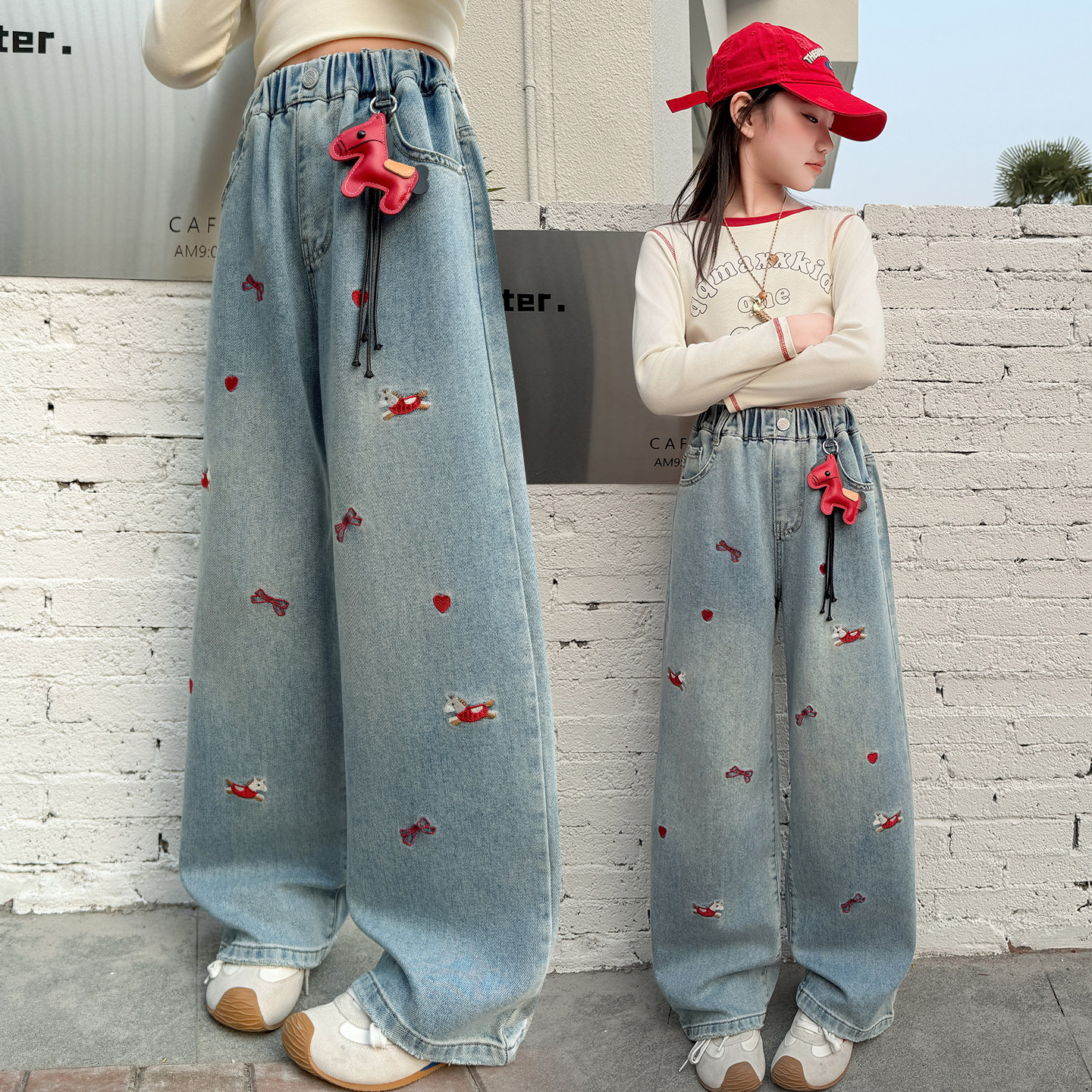 女童春装刺绣牛仔阔腿裤外穿2026新款中大童直筒长裤儿童宽松裤子,童装/婴儿装/亲子装,儿童牛仔裤,淘宝优惠券,粉丝福利购,淘宝优惠卷