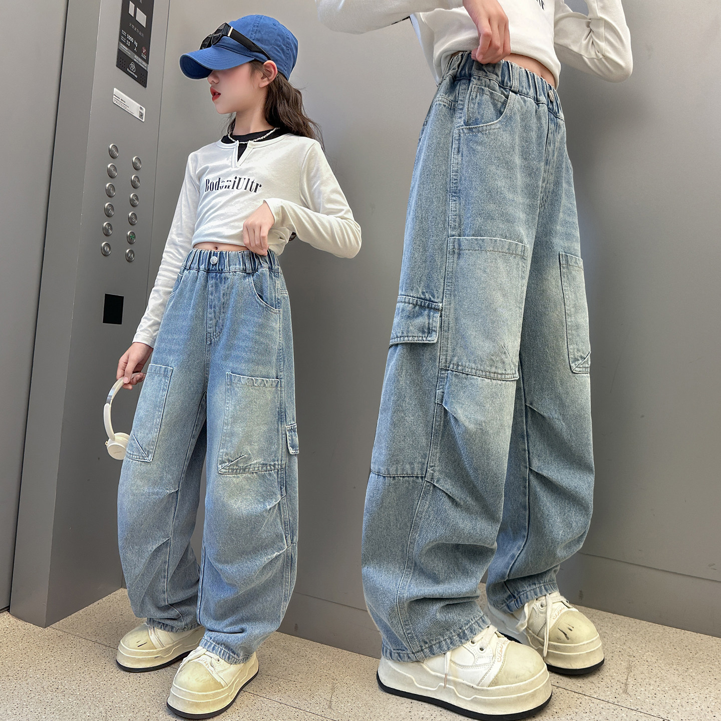 儿童春装工装风阔腿牛仔裤2026新款女童多口袋直筒裤学生宽松裤子,童装/婴儿装/亲子装,儿童牛仔裤,淘宝优惠券,粉丝福利购,淘宝优惠卷