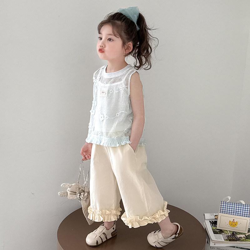女童韩版夏季套装2026新款洋气宝宝薄款镂空吊带背心阔腿裤三件套