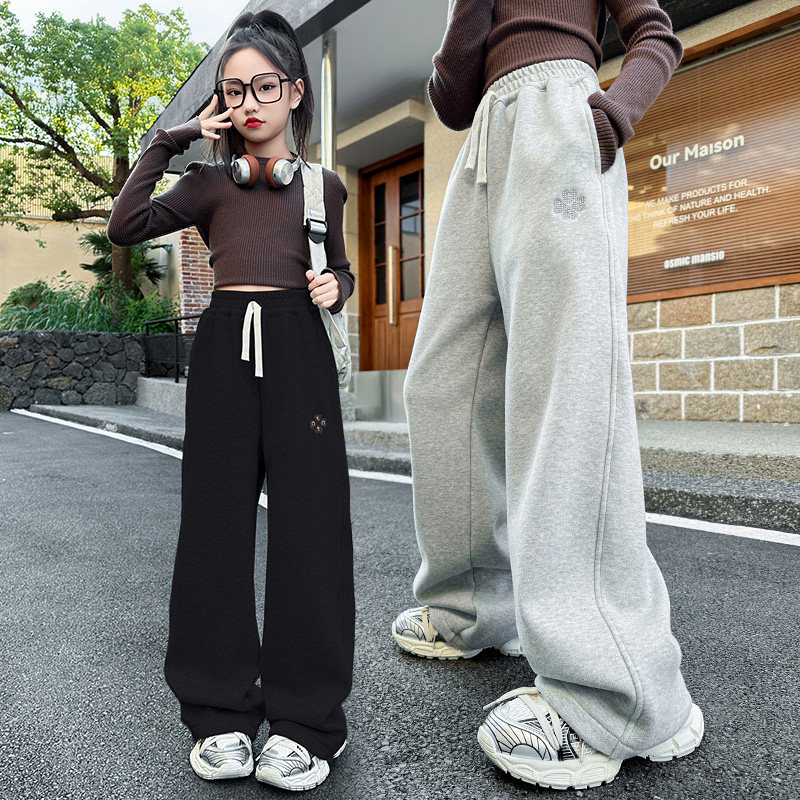 女童休闲阔腿卫裤春秋2026新款中大童宽松抽绳直筒裤初中生运动裤