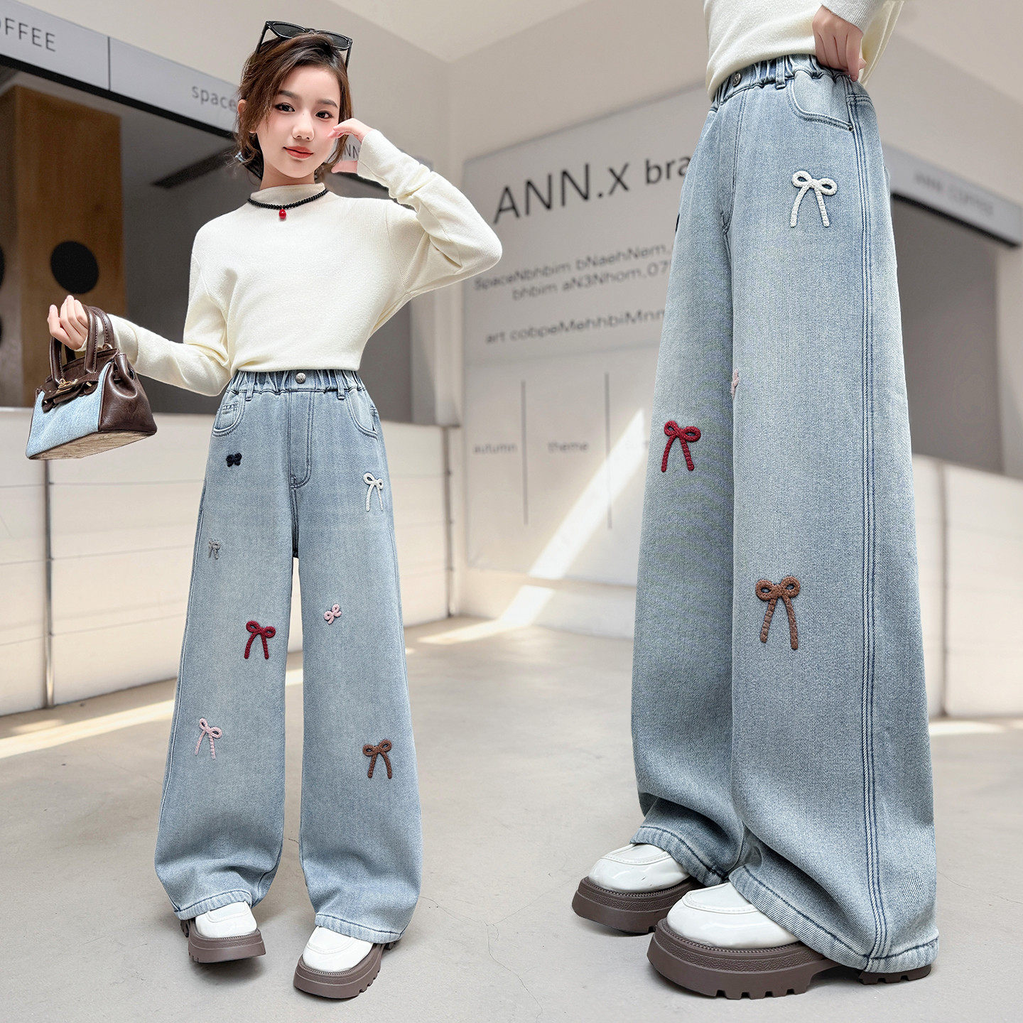 女童春装阔腿牛仔裤中大童春秋款蝴蝶结刺绣直筒裤初中生宽松裤子